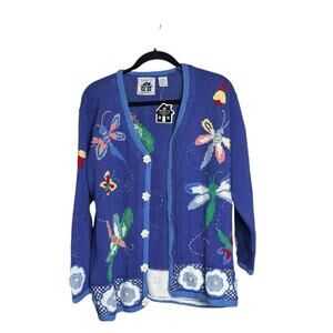 Handknits By Storybook Knits Cardigan Sweater L Blue Dragonfly Floral Grannycore